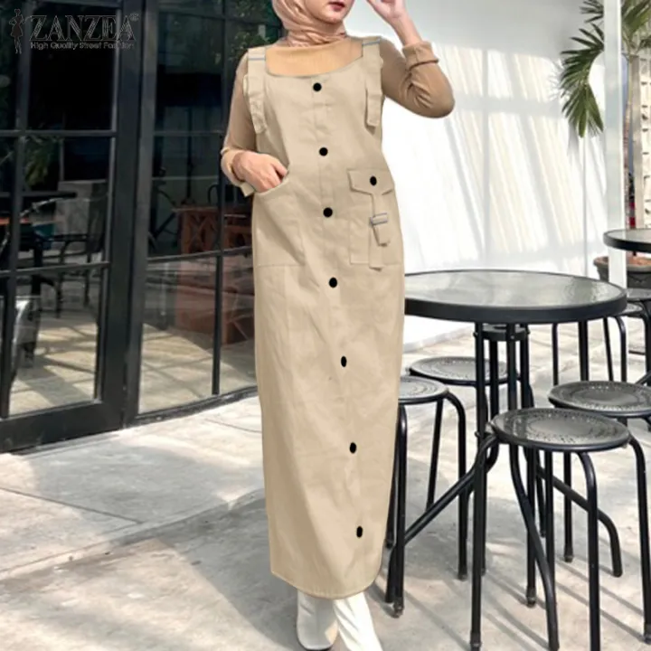 HijabFab ZANZEA Muslimah Women Muslim Fashion Overalls Dress Summer Spaghetti Strap Sundress Vintage Casual Mid-calf Kaftans Robe