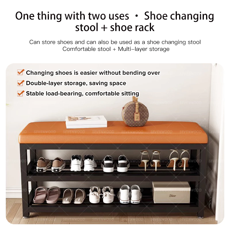 SEVENWOOD Shoe Rack With Seat Storage Bench Rak Kasut Duduk Shoe Stool Shelf Shoe Shelf Rak Kasut Rak Besi