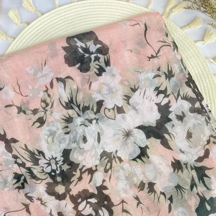 Premium Printed Cotton shawl - Pink Dahlia [AY] Printed Floral Cotton Tassel Scarf Viscose Shawls For Woman Summer Beach Long Muffler Fashion Muslim Headband 185*90cm