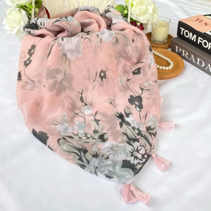 Premium Printed Cotton shawl - Pink Dahlia [AY] Printed Floral Cotton Tassel Scarf Viscose Shawls For Woman Summer Beach Long Muffler Fashion Muslim Headband 185*90cm