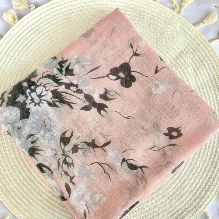 Premium Printed Cotton shawl - Pink Dahlia [AY] Printed Floral Cotton Tassel Scarf Viscose Shawls For Woman Summer Beach Long Muffler Fashion Muslim Headband 185*90cm