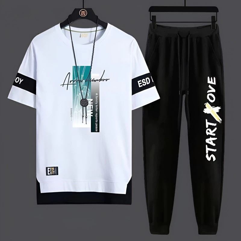 Men's set casual sports Korean version loose fitting youth student short sleeved T-shirt trend two-piece set baju lelaki