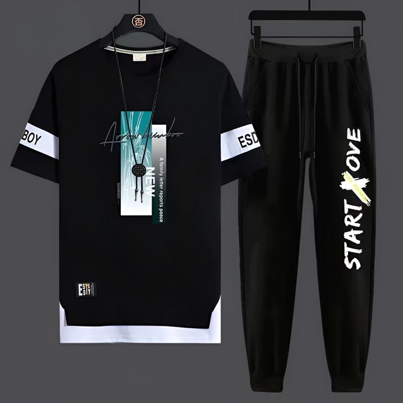 Men's set casual sports Korean version loose fitting youth student short sleeved T-shirt trend two-piece set baju lelaki