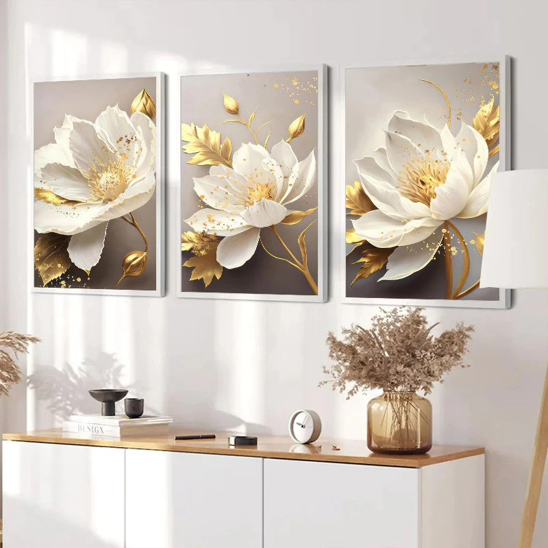 （With Frame）Nordic Retro Golden Flowers Poster with Frame Minimalist Botanical Canvas Painting Modern Room Wall Art Print Pictur