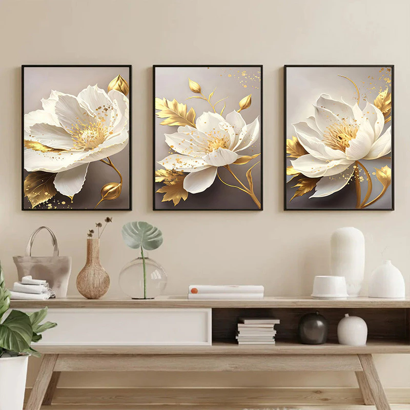 （With Frame）Nordic Retro Golden Flowers Poster with Frame Minimalist Botanical Canvas Painting Modern Room Wall Art Print Pictur