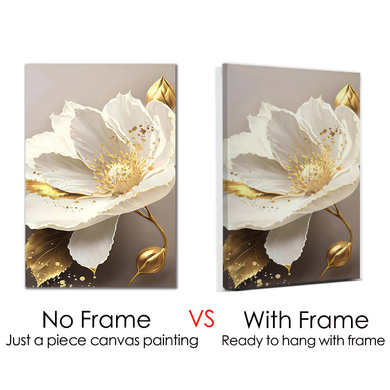 （With Frame）Nordic Retro Golden Flowers Poster with Frame Minimalist Botanical Canvas Painting Modern Room Wall Art Print Pictur