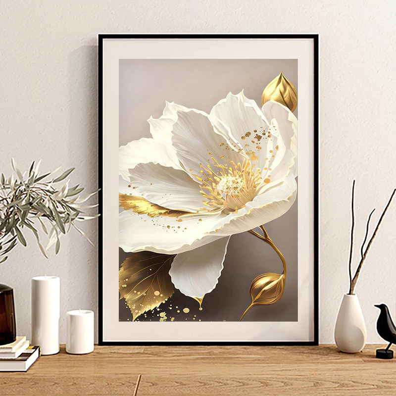 （With Frame）Nordic Retro Golden Flowers Poster with Frame Minimalist Botanical Canvas Painting Modern Room Wall Art Print Pictur