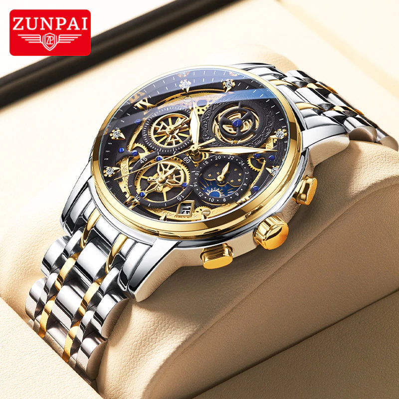 Jam Tangan Lelaki ZUNPAI Original Watch for Men Waterproof Stainless Steel True Chronograph Luxury Fashion Busines Men Wristwatch