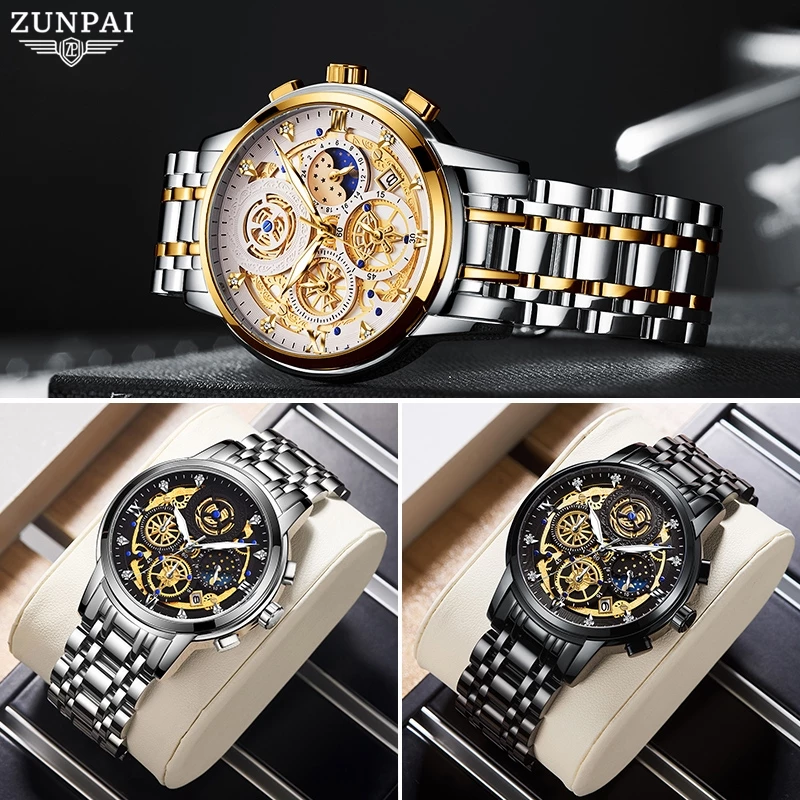Jam Tangan Lelaki ZUNPAI Original Watch for Men Waterproof Stainless Steel True Chronograph Luxury Fashion Busines Men Wristwatch