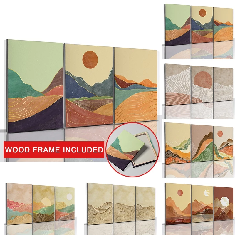 （With Frame）3-Piece Large Frame Abstract Landscape Poster Mountain Sun Canvas Painting Bohemian Picture Living Room Decoration