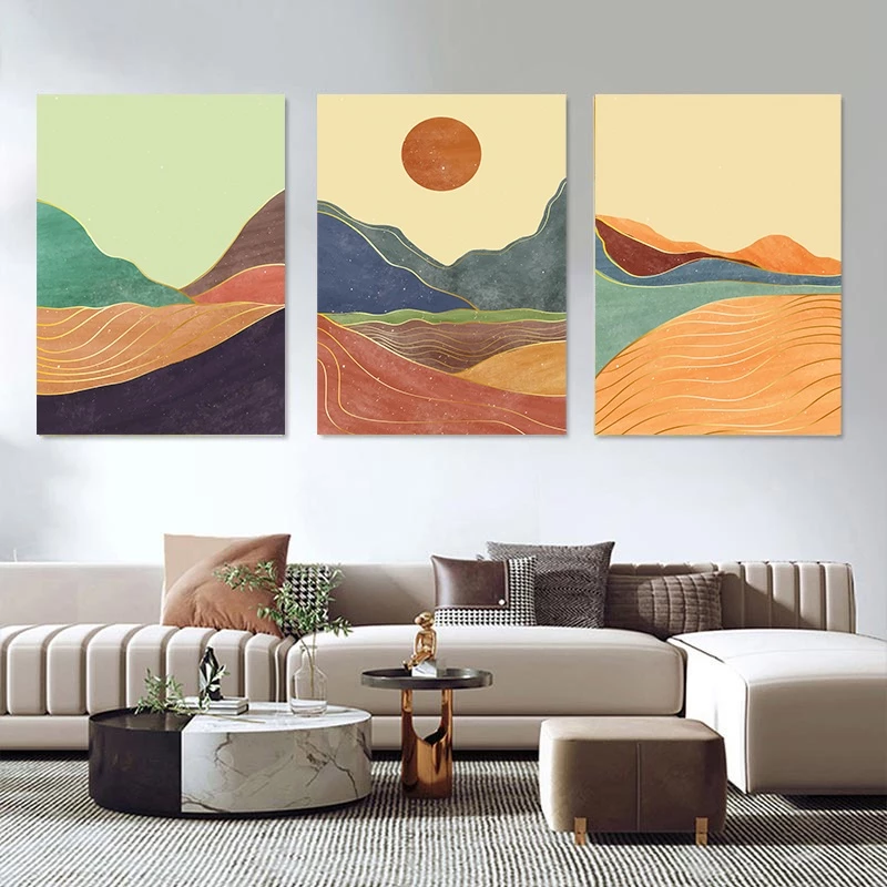 （With Frame）3-Piece Large Frame Abstract Landscape Poster Mountain Sun Canvas Painting Bohemian Picture Living Room Decoration