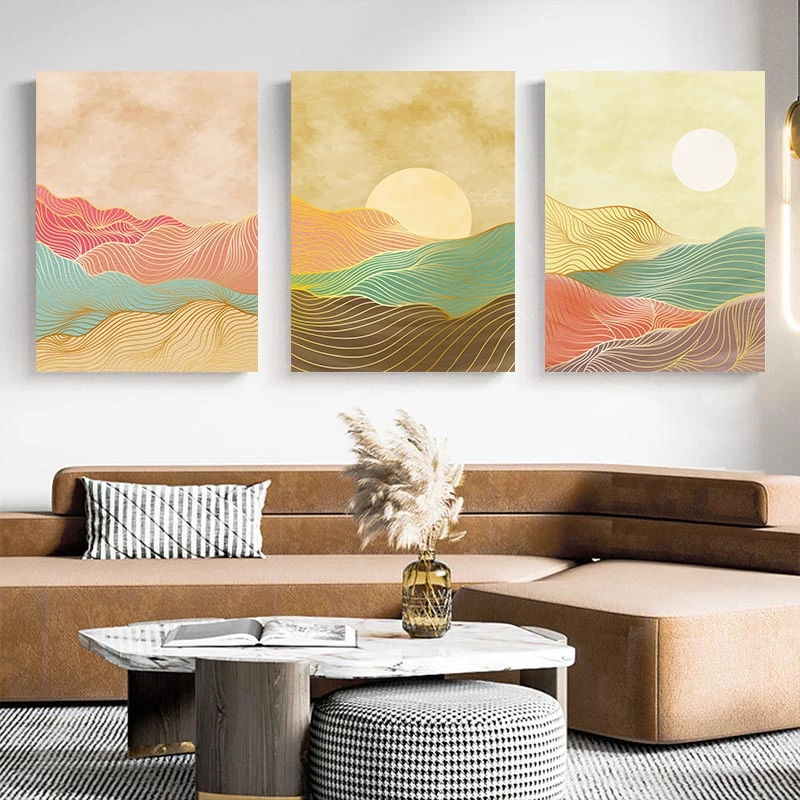 （With Frame）3-Piece Large Frame Abstract Landscape Poster Mountain Sun Canvas Painting Bohemian Picture Living Room Decoration
