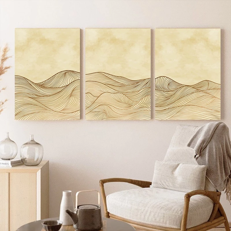 （With Frame）3-Piece Large Frame Abstract Landscape Poster Mountain Sun Canvas Painting Bohemian Picture Living Room Decoration