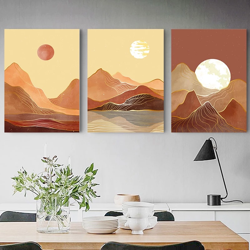 （With Frame）3-Piece Large Frame Abstract Landscape Poster Mountain Sun Canvas Painting Bohemian Picture Living Room Decoration
