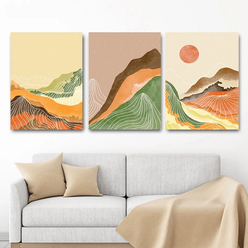 （With Frame）3-Piece Large Frame Abstract Landscape Poster Mountain Sun Canvas Painting Bohemian Picture Living Room Decoration