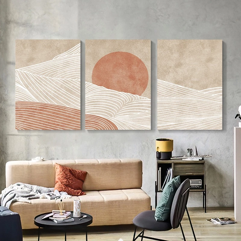 （With Frame）3-Piece Large Frame Abstract Landscape Poster Mountain Sun Canvas Painting Bohemian Picture Living Room Decoration