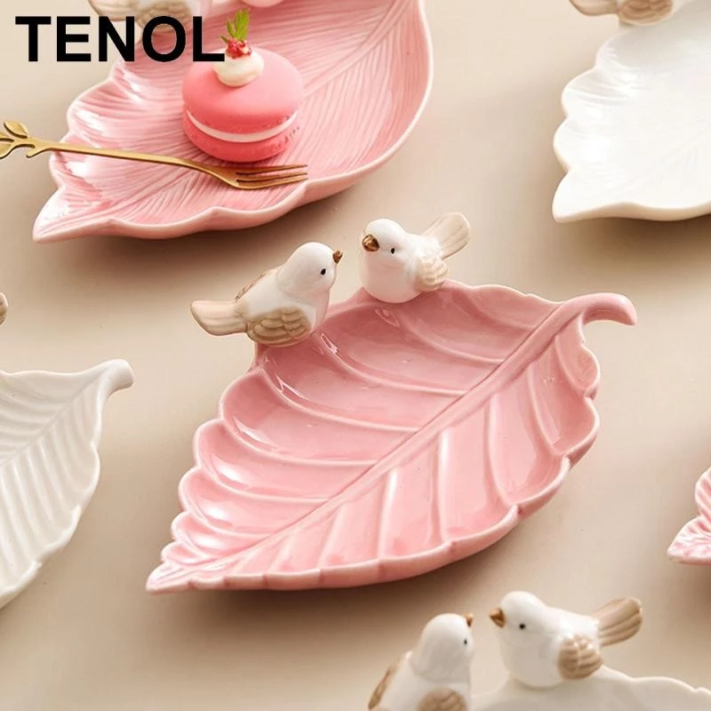 TENOL Ceramic Leaf Shape Trinket Tray with Bird Statue Snack Plate Necklace Key Holder for Room Decor,