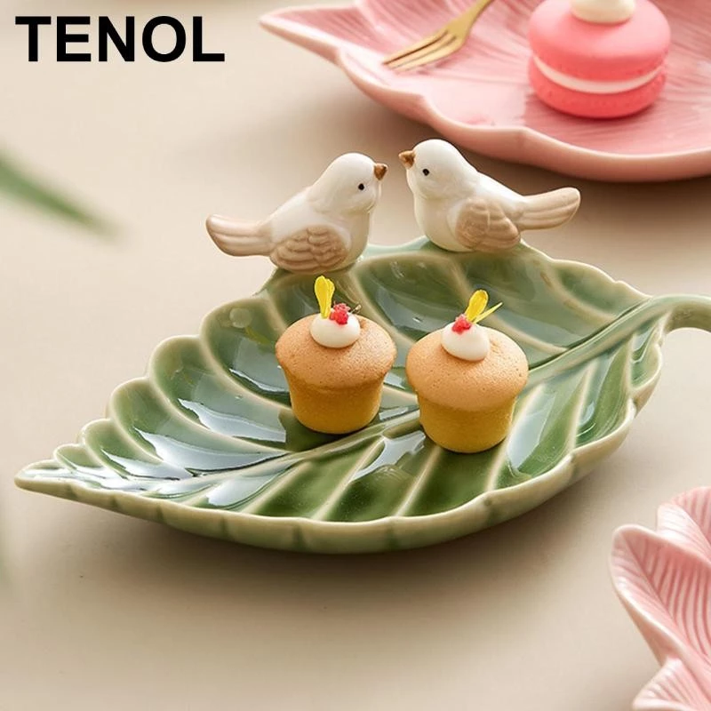 TENOL Ceramic Leaf Shape Trinket Tray with Bird Statue Snack Plate Necklace Key Holder for Room Decor,