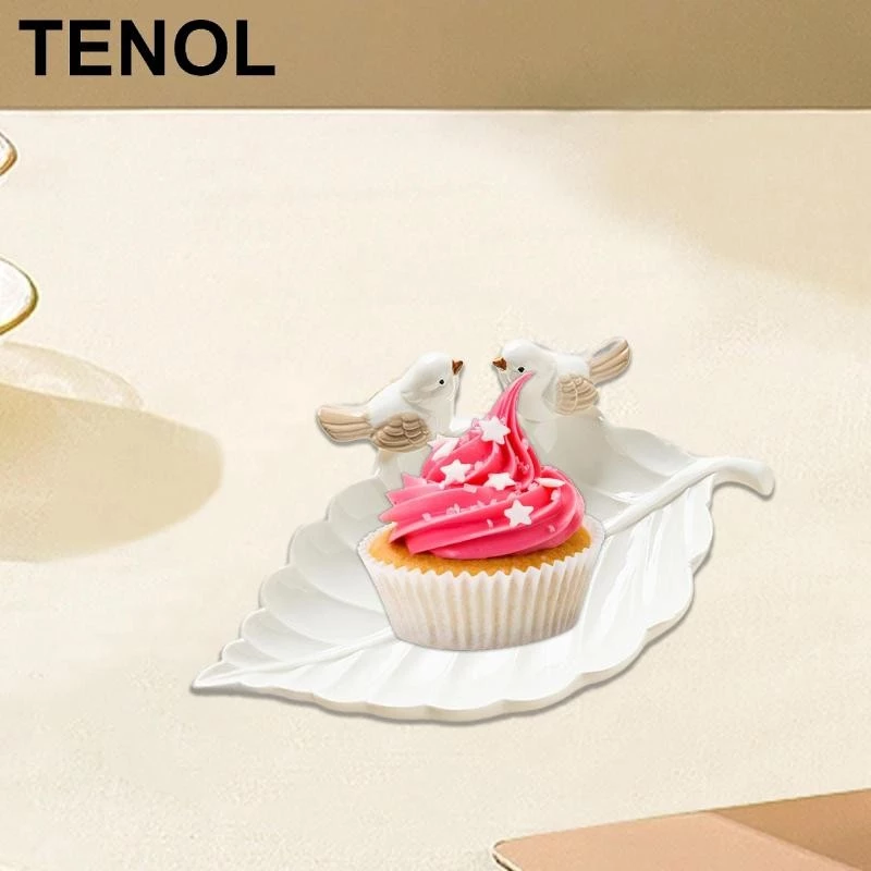 TENOL Ceramic Leaf Shape Trinket Tray with Bird Statue Snack Plate Necklace Key Holder for Room Decor,