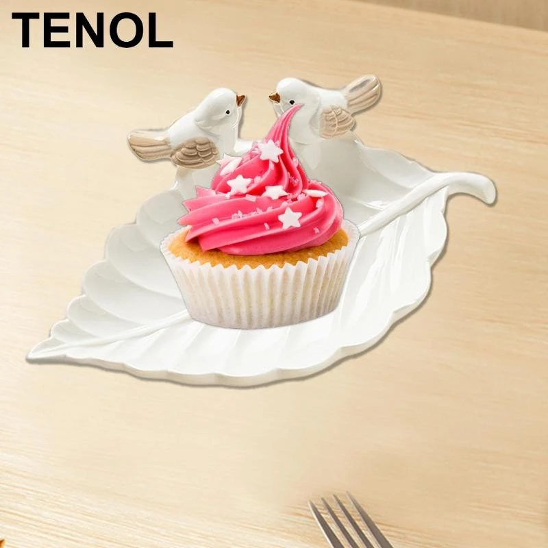 TENOL Ceramic Leaf Shape Trinket Tray with Bird Statue Snack Plate Necklace Key Holder for Room Decor,
