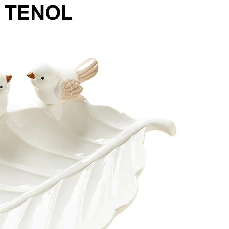TENOL Ceramic Leaf Shape Trinket Tray with Bird Statue Snack Plate Necklace Key Holder for Room Decor,