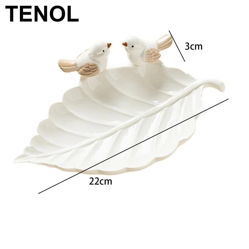 TENOL Ceramic Leaf Shape Trinket Tray with Bird Statue Snack Plate Necklace Key Holder for Room Decor,
