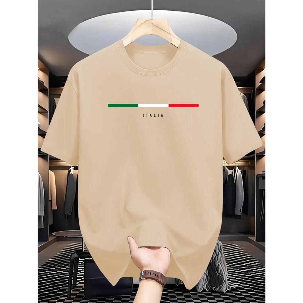 Men's Italy Print Casual Short Sleeve T-Shirt Summer 100% Cotton Loose Round Neck Fashion Streetwear Daily Wear