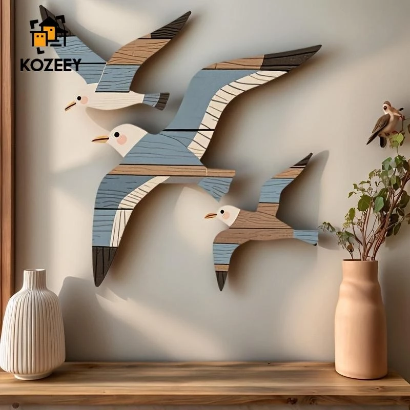 KOZEEY 3Pcs Wooden Bird Wall Art Home Decoration Wall Hanging Handcrafted Flying Bird for Living Room Housewarming Farmhouse