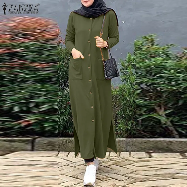 ZANZEA Muslimah Women Muslim Raya Clothes Long Sleeve O Neck Casual Split Loose Midi Dress