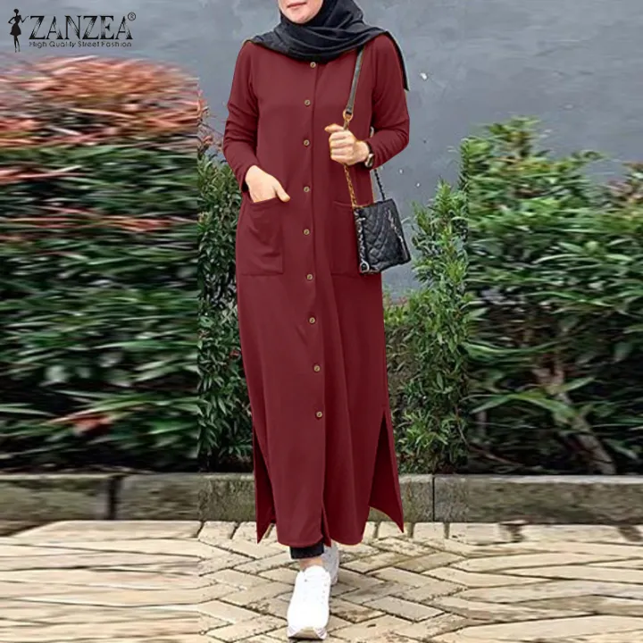 ZANZEA Muslimah Women Muslim Raya Clothes Long Sleeve O Neck Casual Split Loose Midi Dress