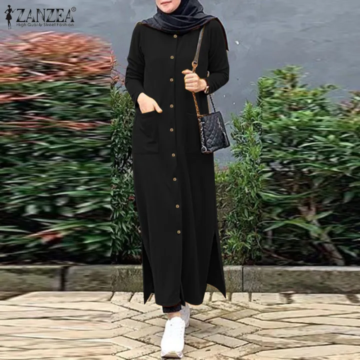 ZANZEA Muslimah Women Muslim Raya Clothes Long Sleeve O Neck Casual Split Loose Midi Dress