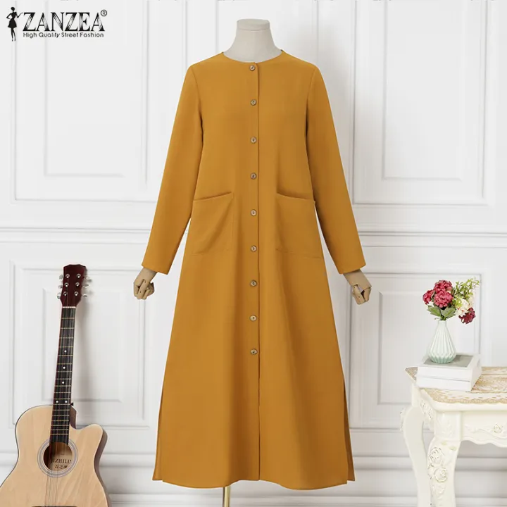 ZANZEA Muslimah Women Muslim Raya Clothes Long Sleeve O Neck Casual Split Loose Midi Dress