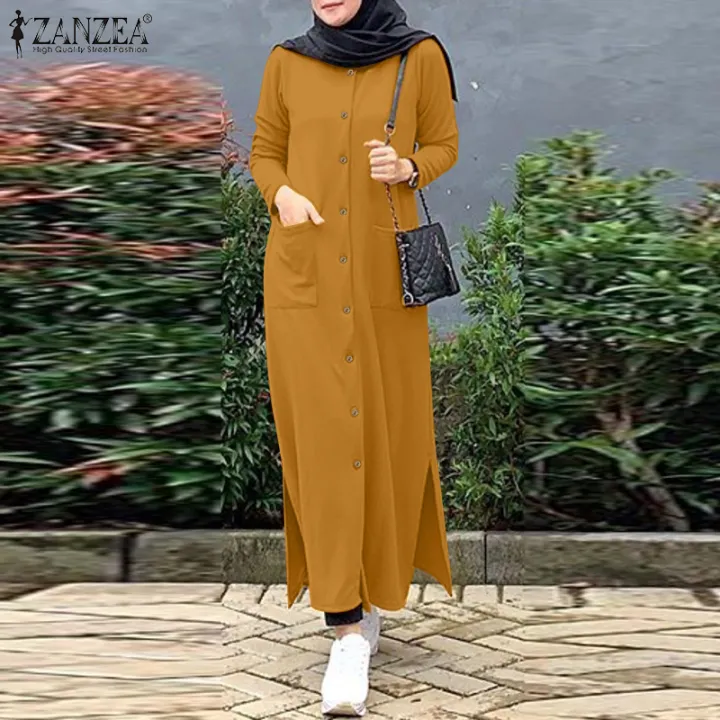 ZANZEA Muslimah Women Muslim Raya Clothes Long Sleeve O Neck Casual Split Loose Midi Dress