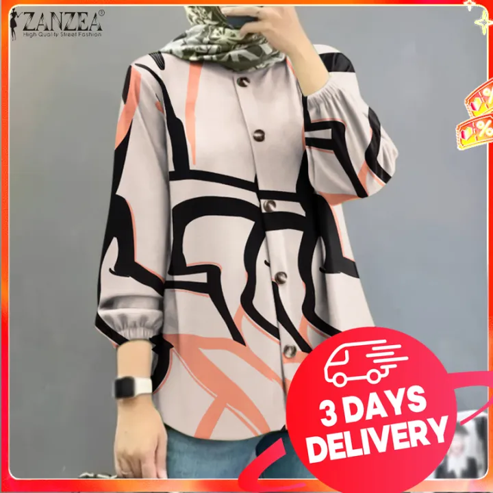 【3 Days Delivery】ZANZEA Muslimah Women Muslim Casual Printed Blouse Fashion Puff Long Sleeve Shirts