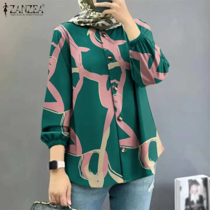 【3 Days Delivery】ZANZEA Muslimah Women Muslim Casual Printed Blouse Fashion Puff Long Sleeve Shirts