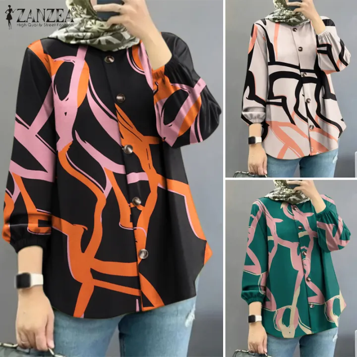 【3 Days Delivery】ZANZEA Muslimah Women Muslim Casual Printed Blouse Fashion Puff Long Sleeve Shirts