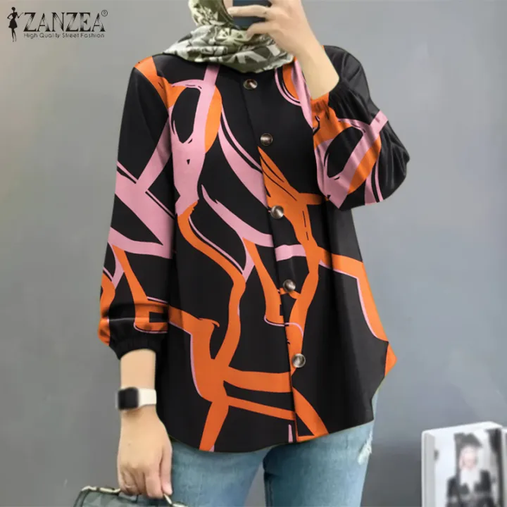 【3 Days Delivery】ZANZEA Muslimah Women Muslim Casual Printed Blouse Fashion Puff Long Sleeve Shirts