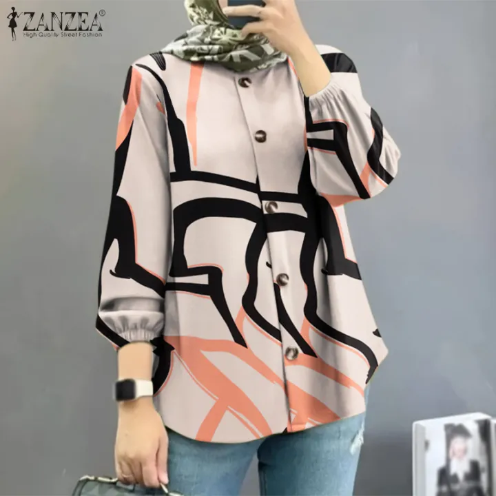 【3 Days Delivery】ZANZEA Muslimah Women Muslim Casual Printed Blouse Fashion Puff Long Sleeve Shirts