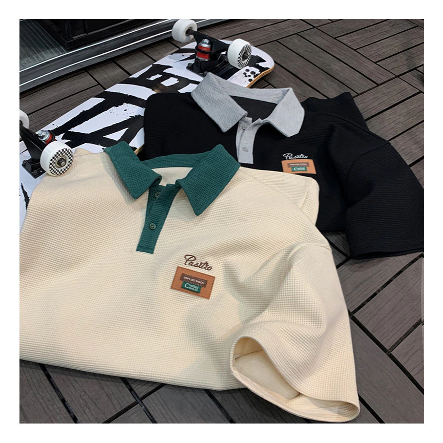 BeCoolMAN black men waffle shirt baju polo lelaki t shirt berkolar Colorblock Short Sleeve unisex graphic