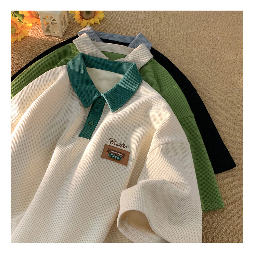 BeCoolMAN black men waffle shirt baju polo lelaki t shirt berkolar Colorblock Short Sleeve unisex graphic