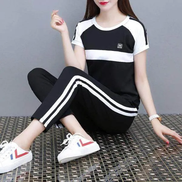 Casual Sports Set Women's Fashion Splice Casual Large Summer Short Sleeve Capris Two Piece Set