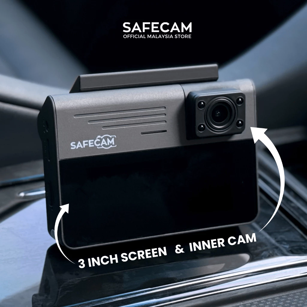 SAFECAM X300 WIFI 3-Channel Dashcam 1080P Front + 720P Inner + 720P Rear Dashcam WIFI Control 24-H