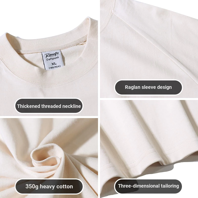 350g Heavy Pure Cotton Top Trendy Loose Round Neck Cotton New Style Breathable Solid Color Simple Raglan Short Sleeve T-Shirt Men