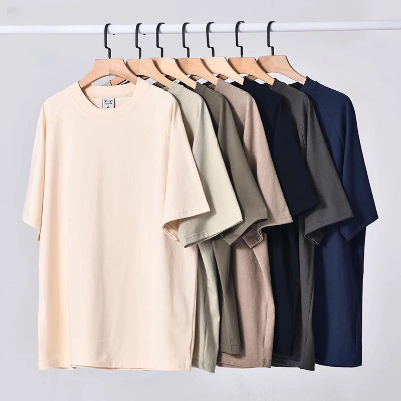 350g Heavy Pure Cotton Top Trendy Loose Round Neck Cotton New Style Breathable Solid Color Simple Raglan Short Sleeve T-Shirt Men