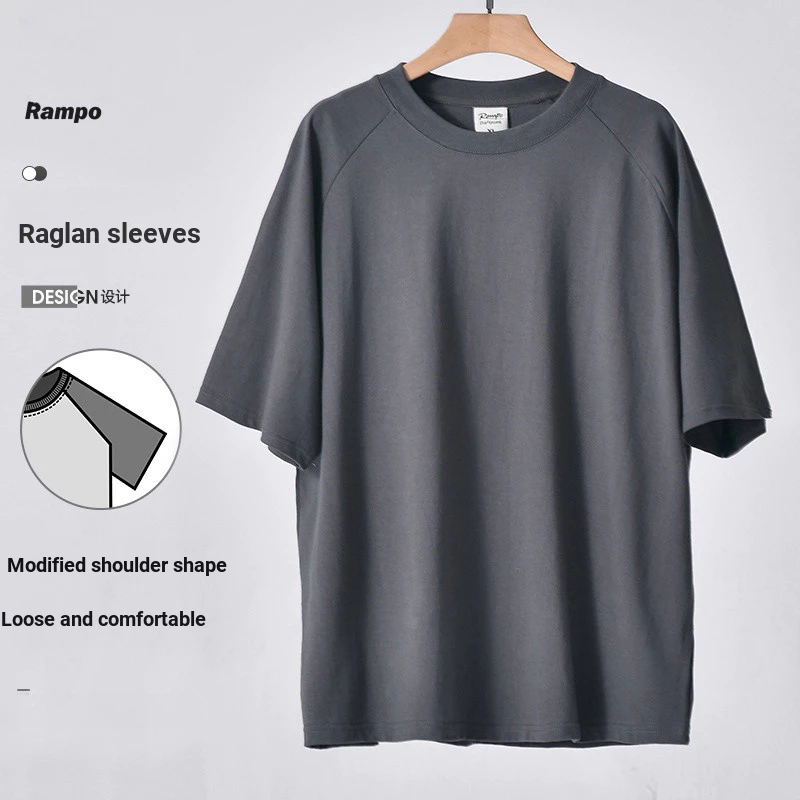350g Heavy Pure Cotton Top Trendy Loose Round Neck Cotton New Style Breathable Solid Color Simple Raglan Short Sleeve T-Shirt Men