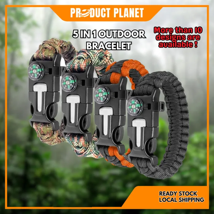 5 in 1 Outdoor Bracelet - Paracord with Compass, Fire Starter, Scraper, Whistle & 8ft Paracord