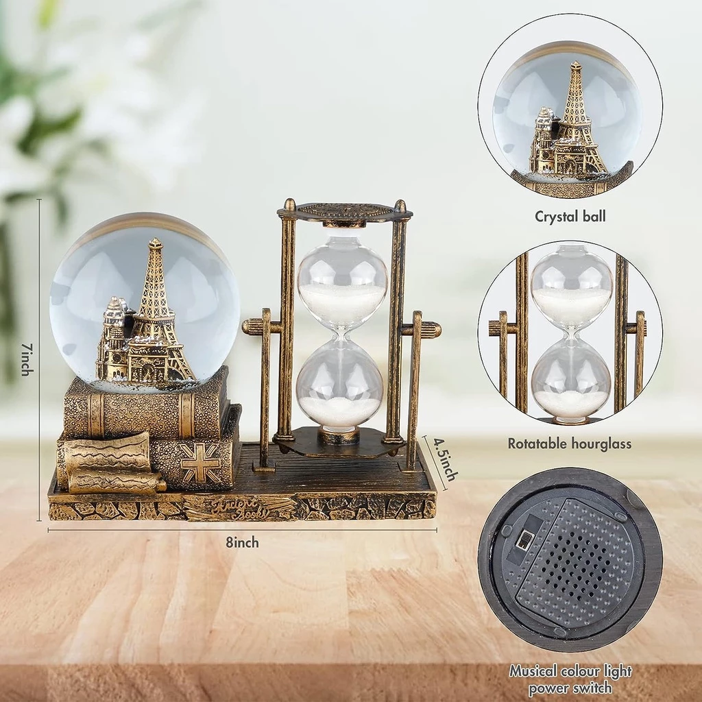 LED Crystal Ball Hourglass Decor Music Box Snow Globe 30 Second Timer Decorations for Home Table Decorations for Living Room Shelf Decor Accents