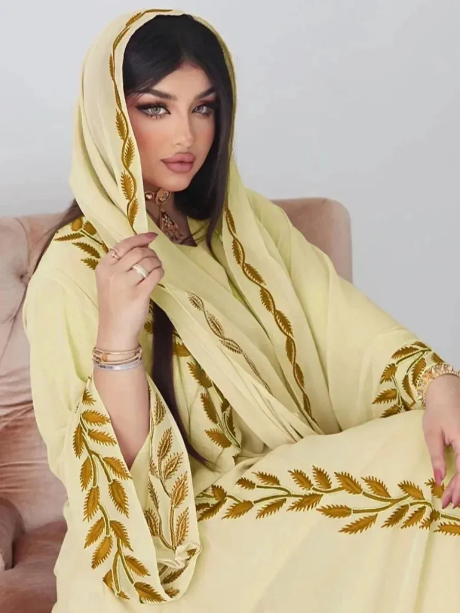 Abaya Muslim Eid untuk Wanita Pakaian Sulaman dengan Tudung Set 2 Keping Dubai Arab Jubah Panjang Maghribi Abaya Kaftan Tudung Cantik