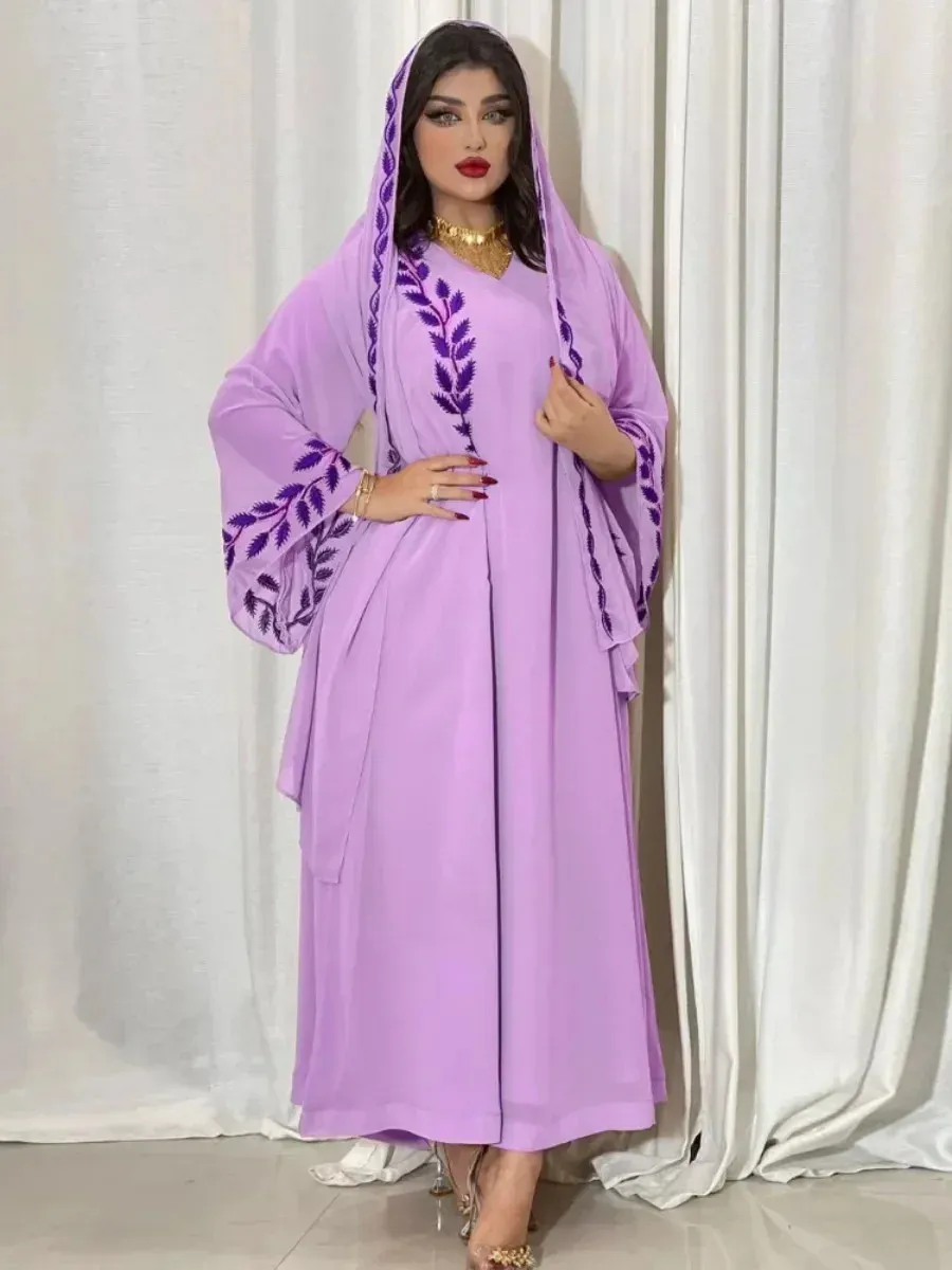 Abaya Muslim Eid untuk Wanita Pakaian Sulaman dengan Tudung Set 2 Keping Dubai Arab Jubah Panjang Maghribi Abaya Kaftan Tudung Cantik