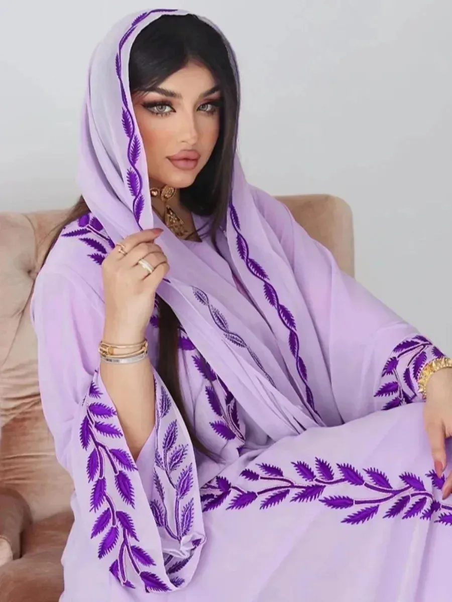 Abaya Muslim Eid untuk Wanita Pakaian Sulaman dengan Tudung Set 2 Keping Dubai Arab Jubah Panjang Maghribi Abaya Kaftan Tudung Cantik